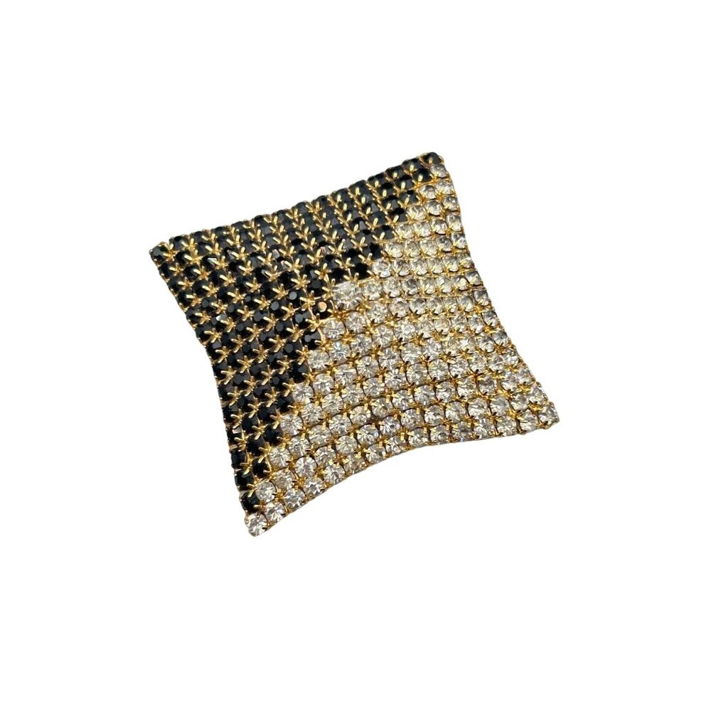 Vintage Rhinestones Pin Brooch Black Clear Prong Set Pyramid Shaped Square Pin